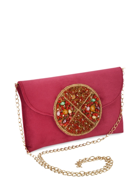 

INAAYA Maroon & Gold-Toned Embellished Envelope Clutch