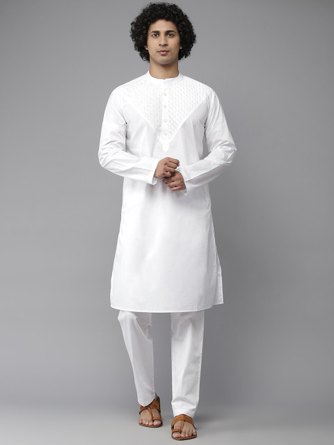 

See Designs Men White Yoke Design Thread Work Pure Cotton Kurta with Pyjamas