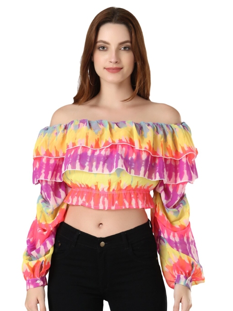 

D 'VESH Women Multicolored Printed Off-Shoulder Layered Bardot Crop Top, Multi