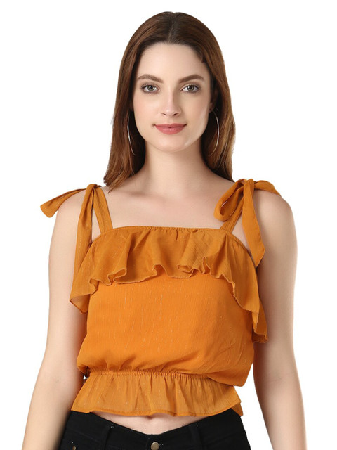 

D 'VESH Mustard Yellow Ruffles Cinched Waist Crop Top