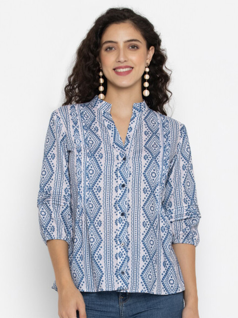 

SEW YOU SOON Blue Geometric Print Mandarin Collar Shirt Style Top