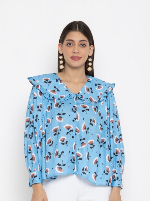 

SEW YOU SOON Women Blue Floral Print Peter Pan Collar Crepe Shirt Top