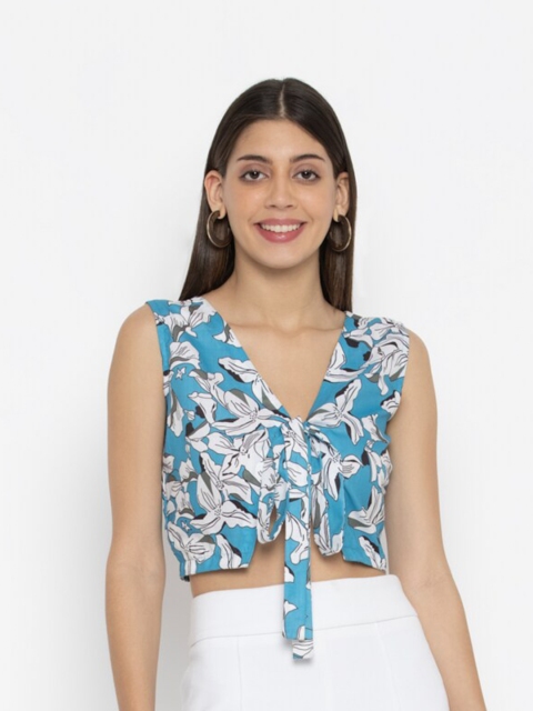 

SEW YOU SOON Teal Floral Print Tie-Up Neck Crop Top