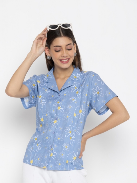 

SEW YOU SOON Blue & White Floral Print Pure Cotton Shirt Style Top
