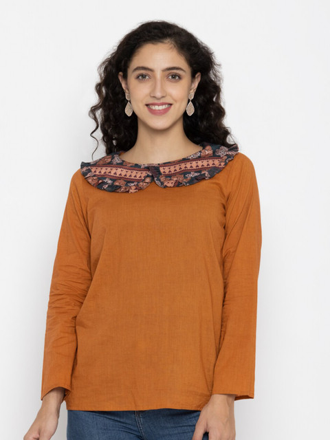 

SEW YOU SOON Women Brown & Charcoal Printed Peter Pan Collar Top