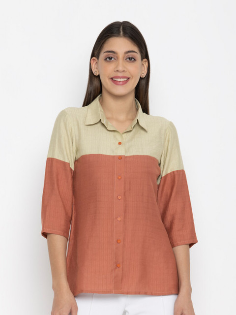 

SEW YOU SOON Women Beige Self Design Colorblocked Casual Shirt