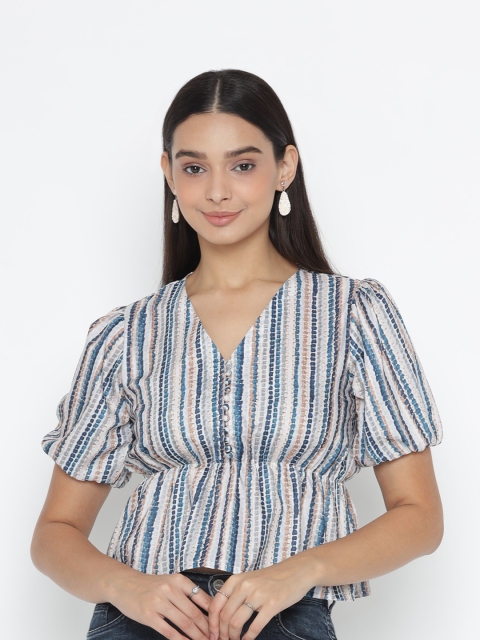 

SEW YOU SOON Blue & White Print Peplum Crop Top