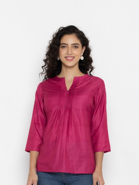 

SEW YOU SOON Women Pink Mandarin Collar Pleated Neck Top