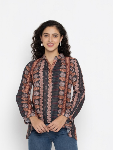 

SEW YOU SOON Brown & Black Print Mandarin Collar Shirt Style Polycotton Top