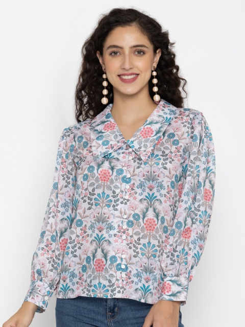

SEW YOU SOON White & Blue Floral Print Chiffon Shirt Style Top