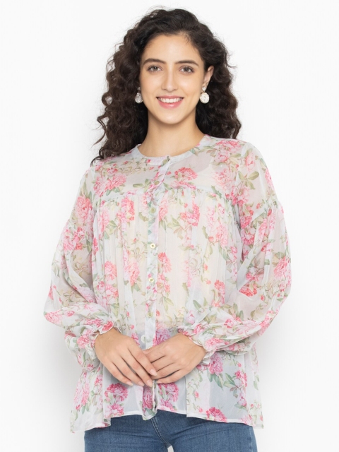 

SEW YOU SOON Pink & Blue Floral Print Georgette Top