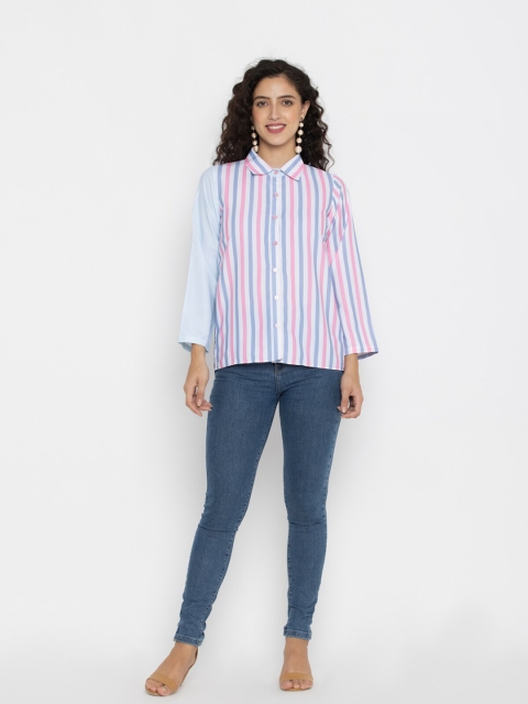 

SEW YOU SOON Pink & Blue Striped Shirt Style Top