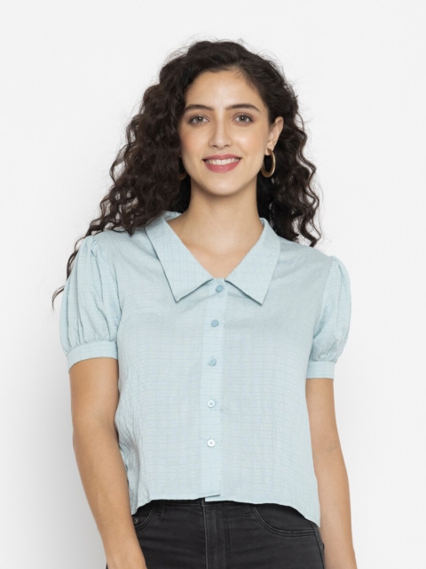 

SEW YOU SOON Blue Shirt Style Crop Top