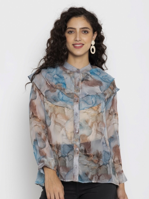 

SEW YOU SOON Blue & Brown Print Mandarin Collar Ruffles Georgette Shirt Style Top
