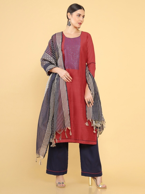 

Soch Red & Blue Embroidered Art Silk Unstitched Dress Material