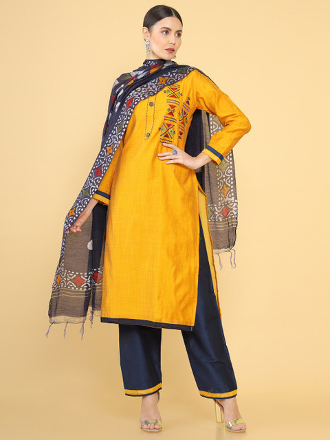 

Soch Mustard & Blue Art Silk Unstitched Dress Material