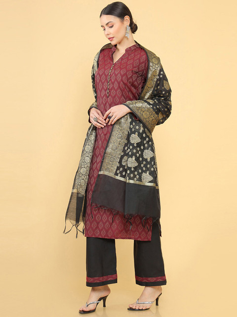 

Soch Maroon & Grey Pure Silk Unstitched Dress Material