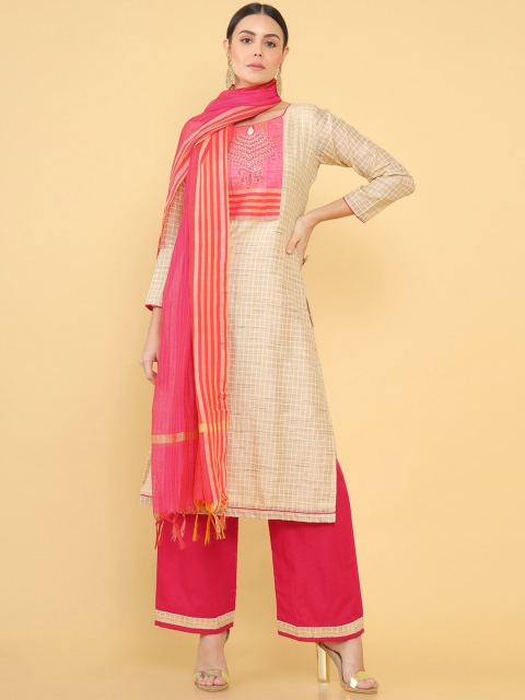 

Soch Beige & Pink Printed Art Silk Unstitched Dress Material