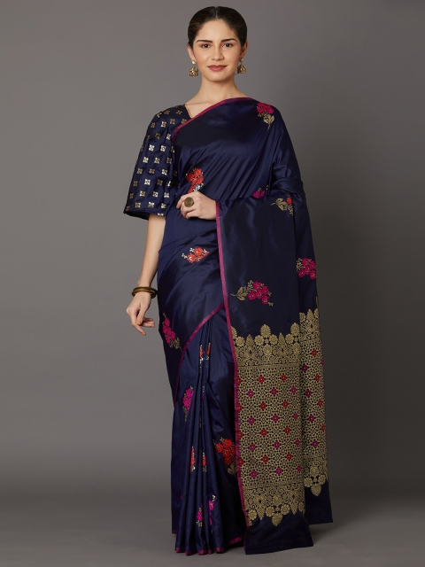 

Mitera Navy Blue & Red Floral Silk Blend Banarasi Saree