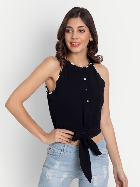 

ESSQUE Women Navy Blue Solid Waist Tie-Up Crop Top