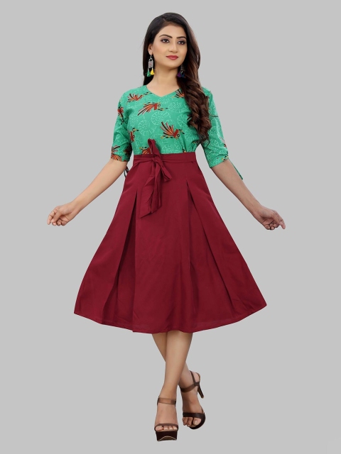 

MODLI 20 FASHION Green & Maroon Floral Crepe Fit & Flare Dress