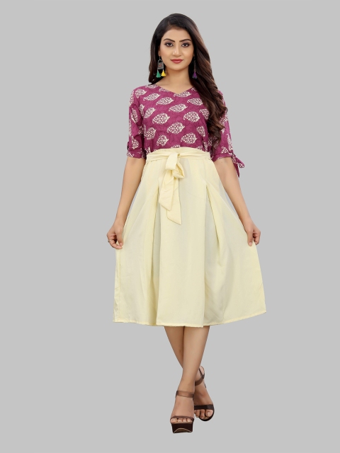

MODLI 20 FASHION Pink & Cream-Coloured Floral Crepe Midi Dress Comes With a belt