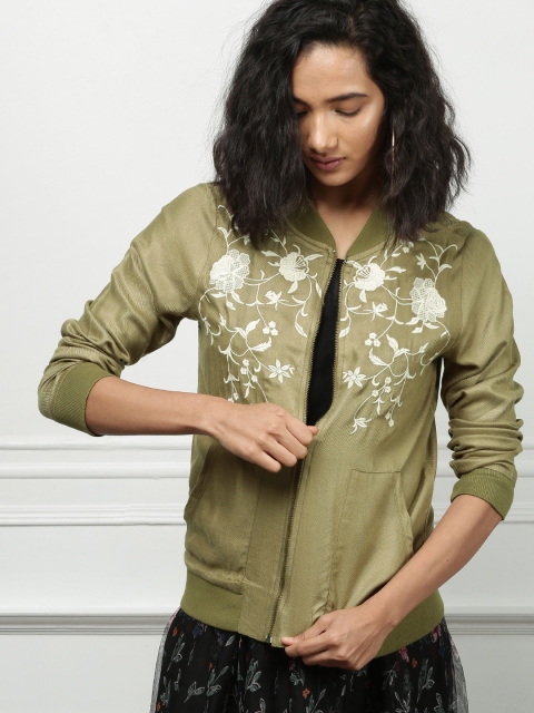 

all about you Women Olive Green Embroidered Bomber Jacket
