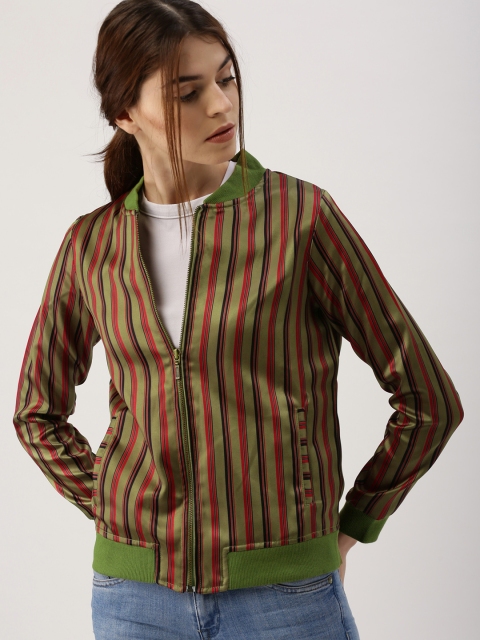 

all about you Women Olive Green & Red Striped Bomber Jacket