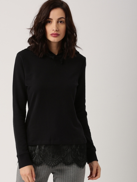 

all about you Women Black Hooded Sweatshirt with Lace