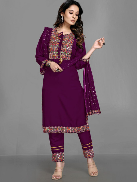 

Queenswear Creation Women Purple Embroidered Mirror Work Kurta with Trousers & With Dupatta