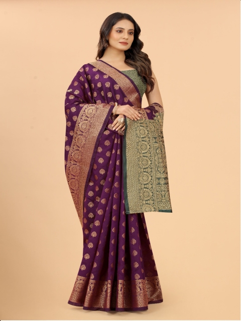 

VSaree Purple & Gold-Toned Ethnic Motifs Zari Pure Silk Banarasi Saree