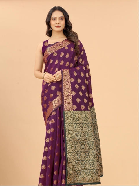 

VSaree Women Purple & Gold-Toned Woven Design Zari Pure Silk Banarasi Saree