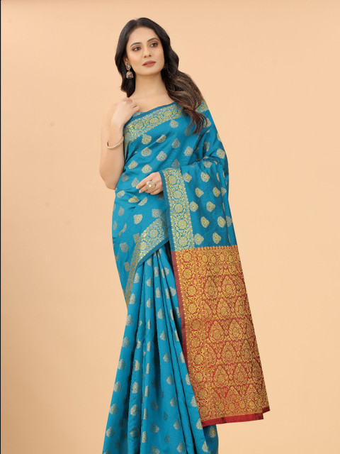 

VSaree Blue & Orange Woven Design Zari Pure Silk Banarasi Saree