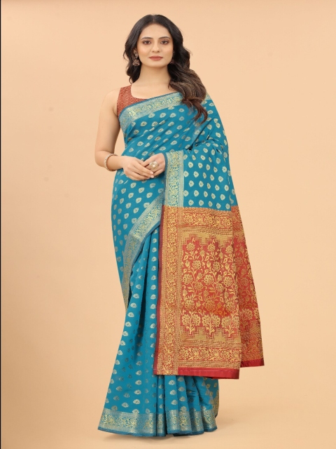 

VSaree Orange & Blue Ethnic Motifs Zari Pure Silk Banarasi Saree