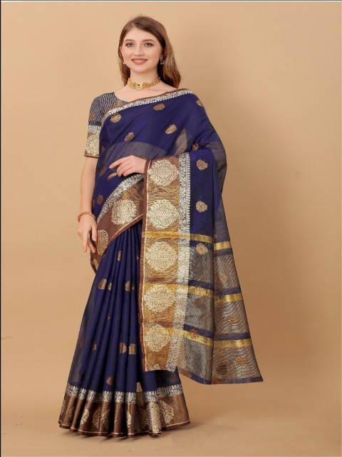 

VSaree Blue & Gold-Toned Woven Design Zari Banarasi Saree
