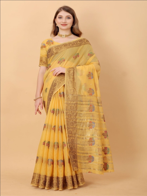 

VSaree Women Yellow & Gold-Toned Woven Design Zari Silk Blend Banarasi Saree