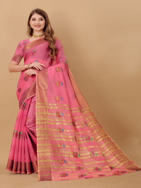 

VSaree Pink & Gold-Toned Woven Design Zari Silk Blend Banarasi Saree