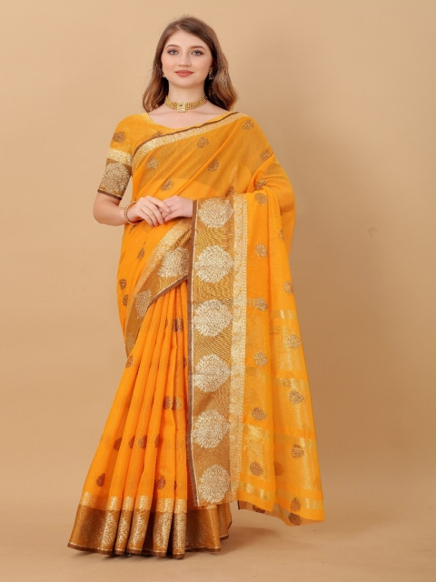 

VSaree Yellow & Gold-Toned Woven Design Zari Banarasi Saree