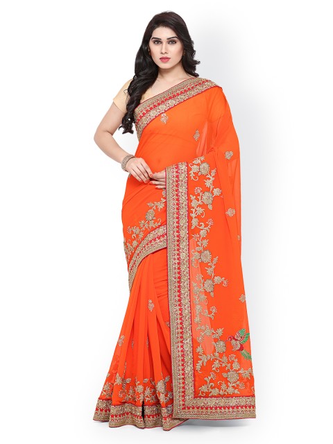 

KALARANG Orange Pure Georgette Embroidered Saree