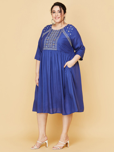 

max Plus Size Women Blue Ethnic Motifs Embroidered A-Line Midi Dress
