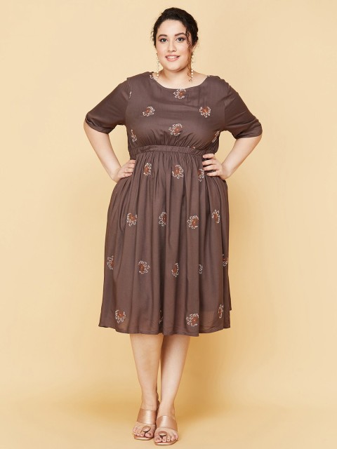 

max Plus Size Women Brown Floral Embroidered Dress