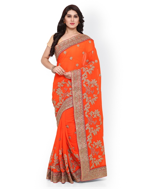 

KALARANG Orange Pure Georgette Embroidered Saree