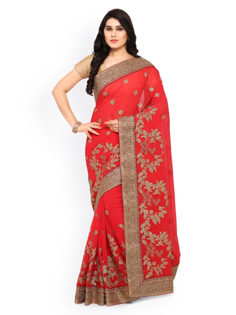 

KALARANG Red & Pink Pure Georgette Embroidered Saree