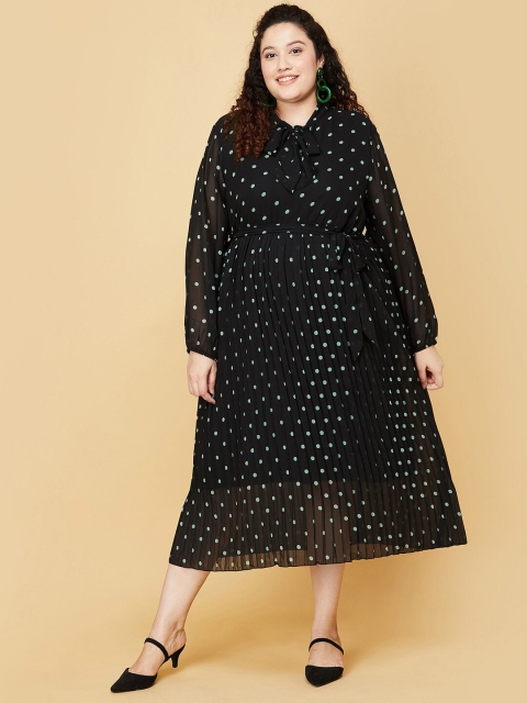 

max Plus Size Women Black Polka Dot Print Tie-Up Neck A-Line Midi Dress