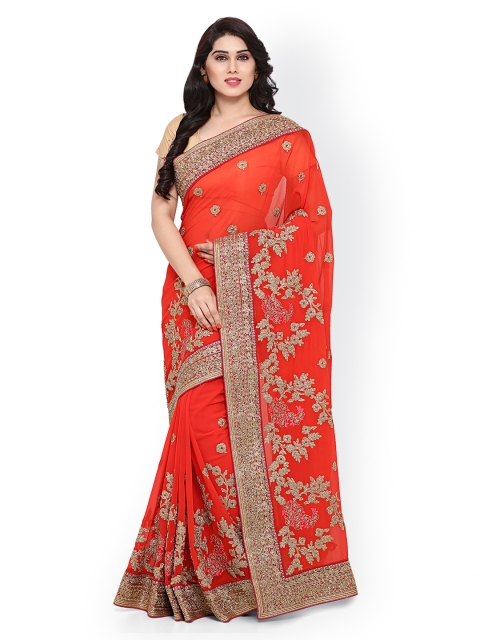 

KALARANG Orange Pure Georgette Embroidered Saree