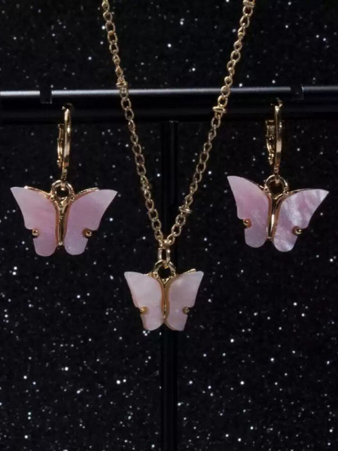 

ANNA CREATIONS Rose Gold-Toned Butterfly Pendant With Drop Earrings
