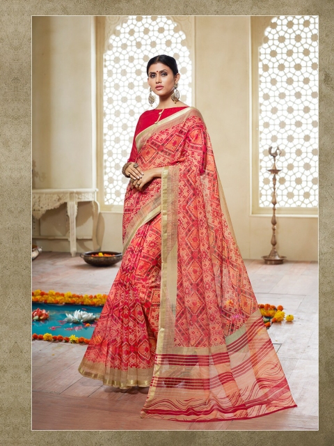 

Shaily Women Red & Beige Cotton Silk Printed Saree
