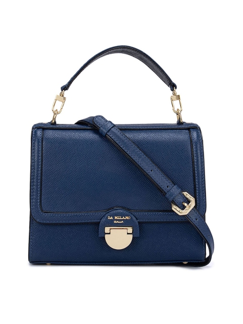 

Da Milano Blue Leather Structured Satchel with Cut Work