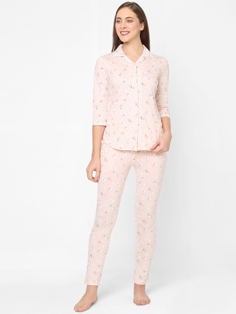 

SDL by Sweet Dreams Women Pink & White Printed Cotton Night suit