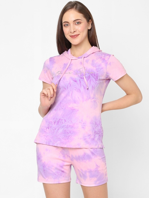 

SDL by Sweet Dreams Women Lavender & Pink Printed Hooded Night suit